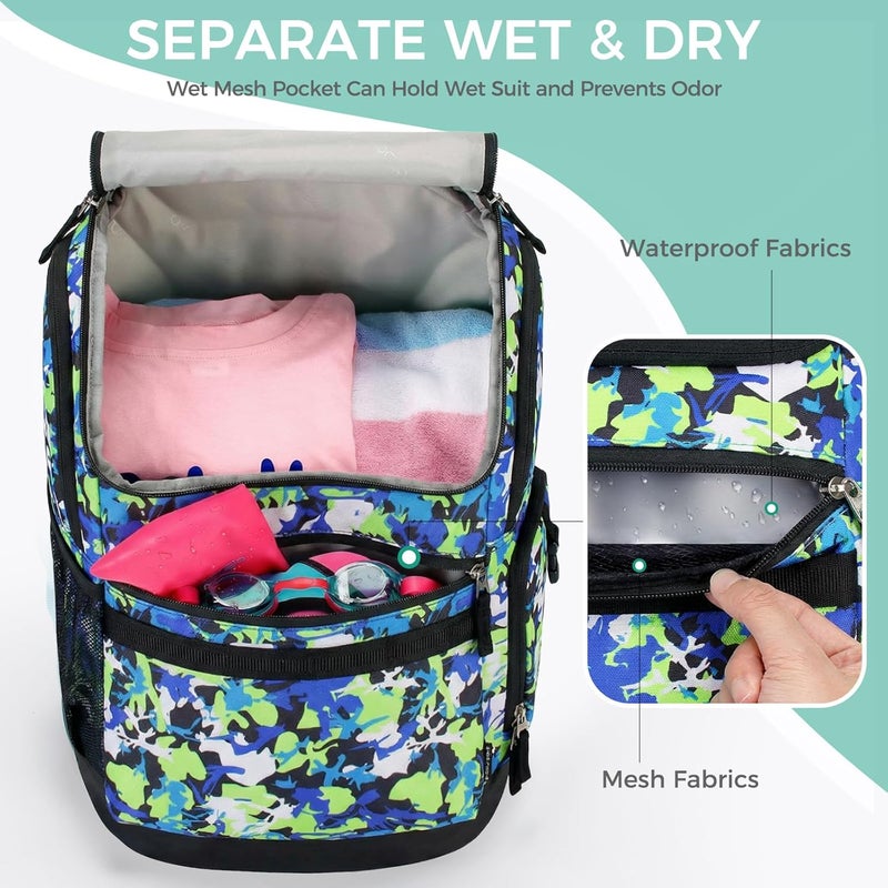 Choco Mocha Swim Bag for Kids - Swim Backpack for Boys Teens, 35L Waterproof Swimming Backpack with Wet/Dry Compartments for Swimmers, Pool, Beach and Swim Lessons, Camo Green - Image 2